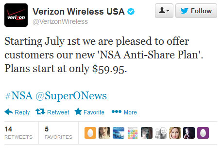Verizon NSA tweet Tweet from Verizon about the NSA and their new NSA Ant-Share Plan